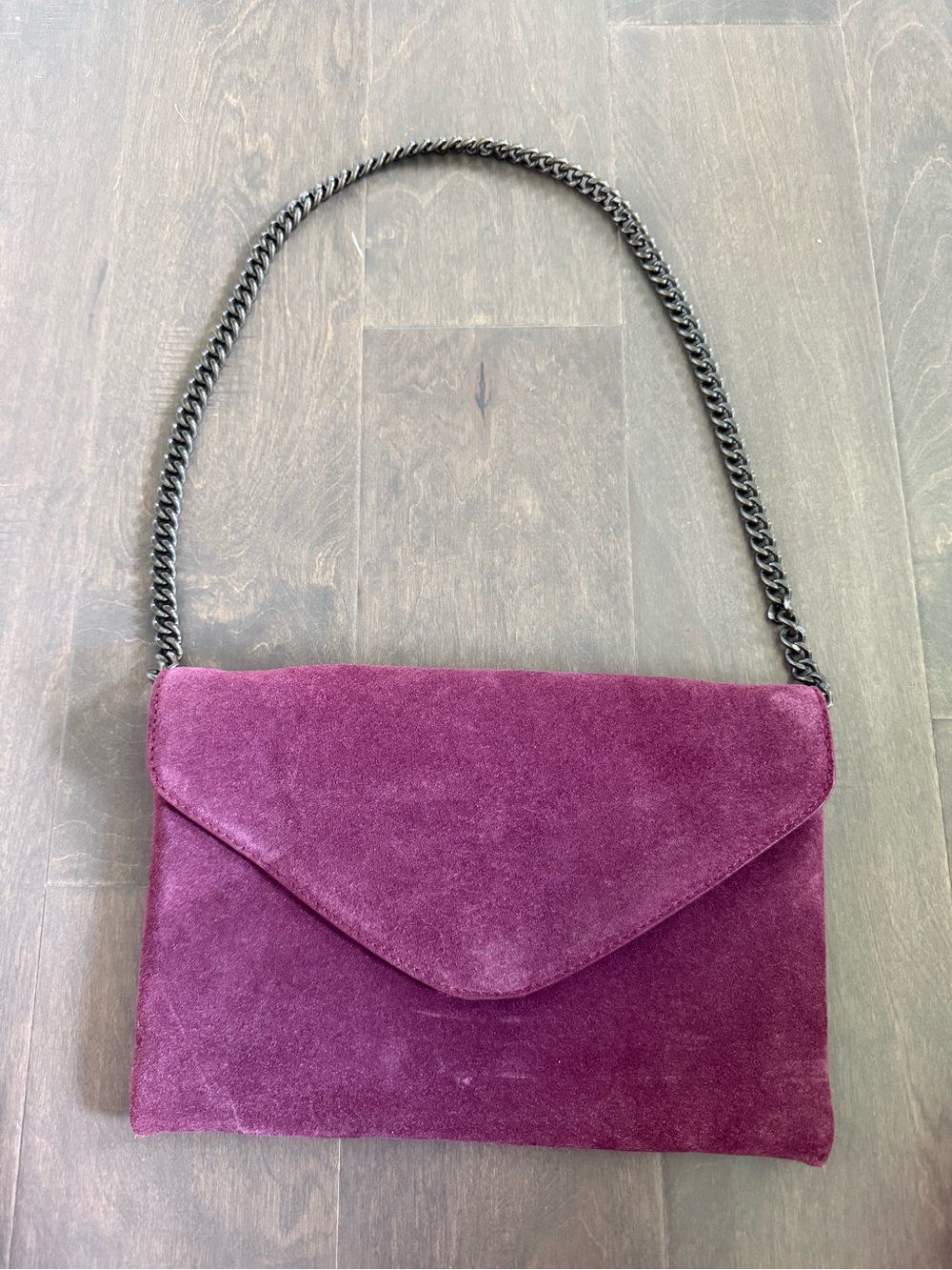 J Crew Suede Envelope Shoulder Bag Purse - Purple/Maroon w/ Chain